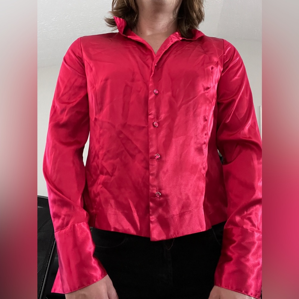 Rose red satin dress shirt blouse, move out sale